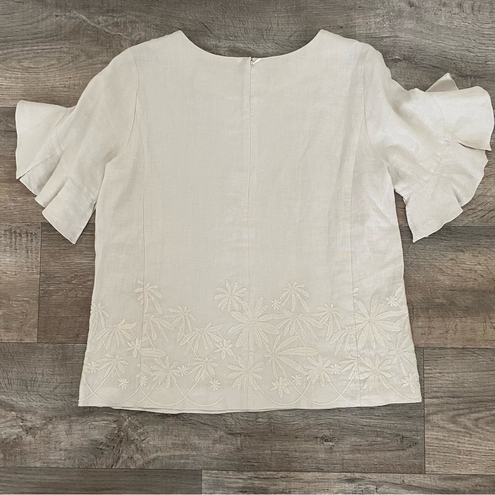 Neiman Marcus Beige Blouse Floral 100% Linen Events Office Work Top Quiet Luxury - Picture 2 of 4